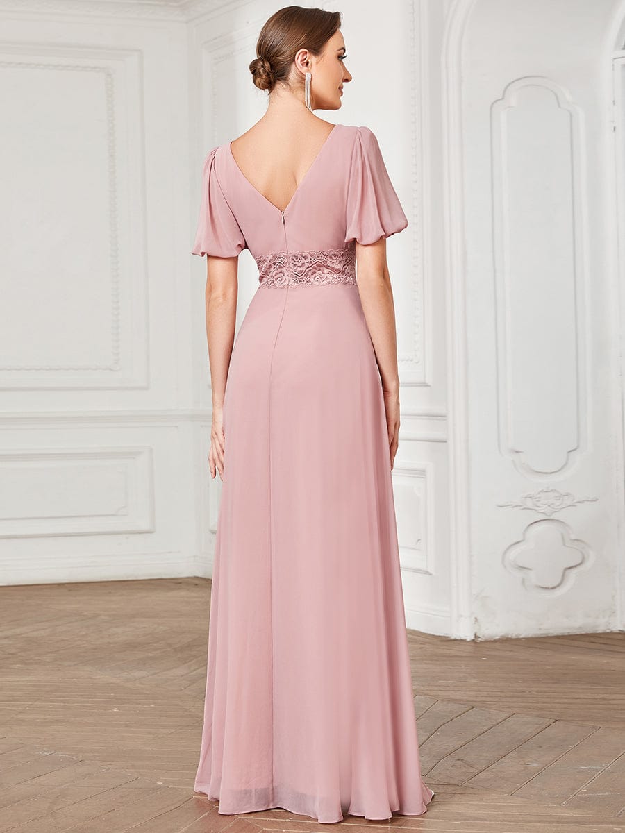 Weitese A-Line Pleated Chiffon Short Sleeve Illusion Lace Evening Dress